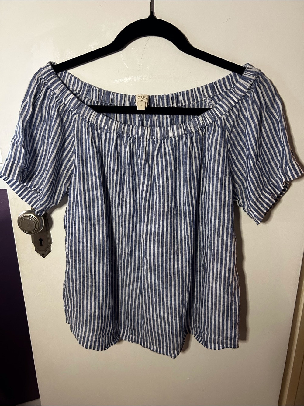 J. Crew Blue and White Striped Off-the-Shoulder Blouse